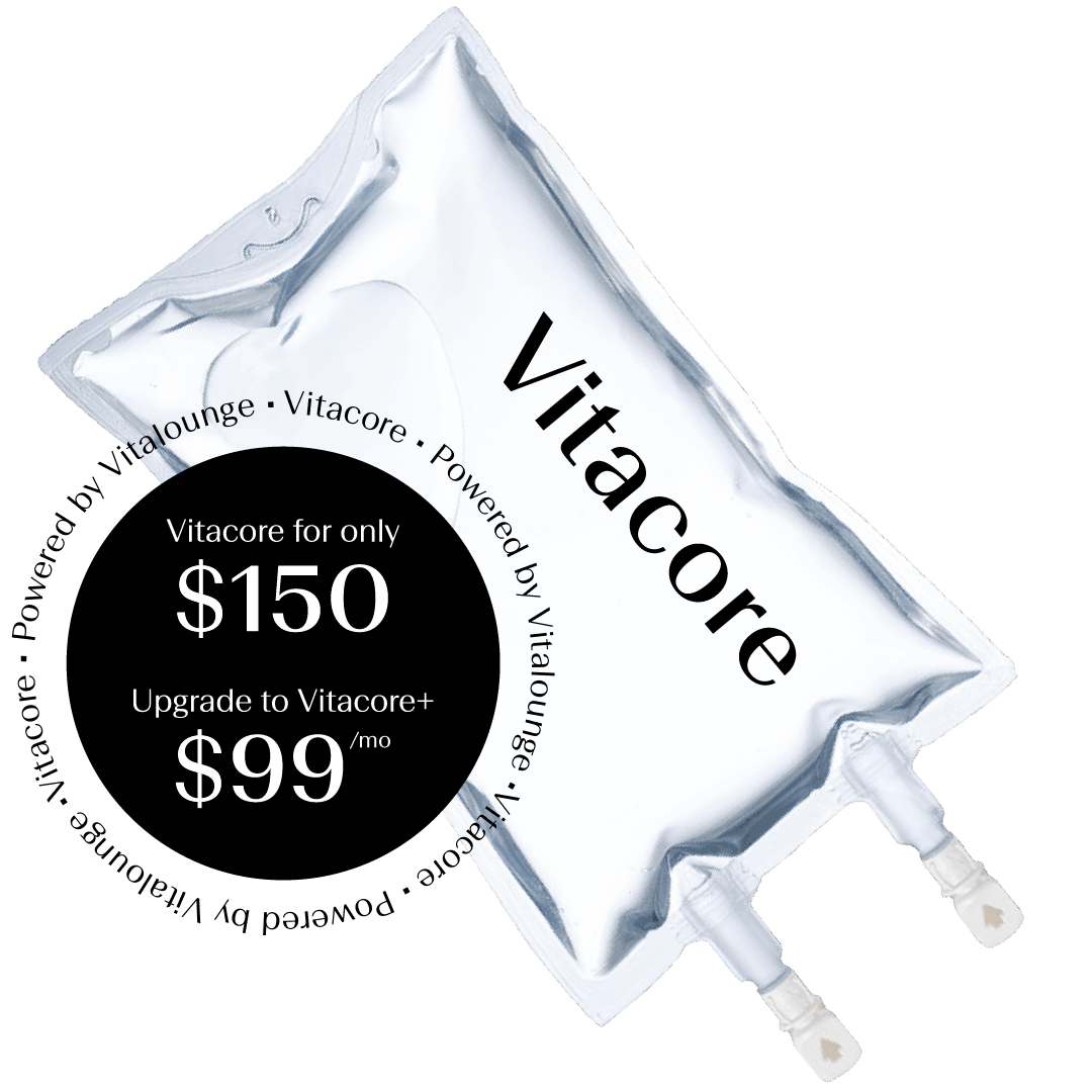 Vitacore IV Therapy infusion bag with 12 bioavailable nutrients, available at Vitalounge for $150, and Vitacore+ Membership for $99/month in Orlando, Lake Mary, Winter Park, Winter Garden, and Lake Nona.